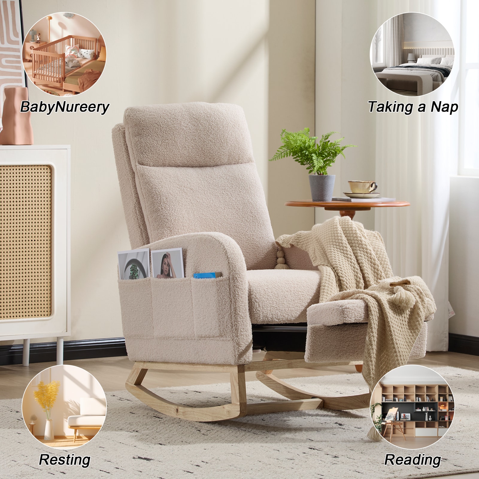 Modern Accent Rocking Chair Rocking Chair With Solid Wood Legs, Upholstered Nursery Glider Rocker, Comfy Armchair With Side Pocket, Living Room Lounge Arm Chair With High Backrest (Beige,teddy)_voghion.com